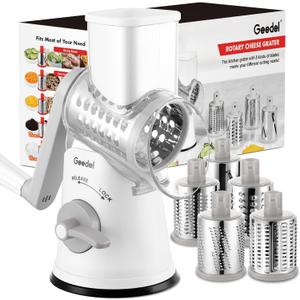 Geedel Rotary Cheese Grater Cheese Shredder - Upgraded 5-in-1 Cheese Grater with Handle and Strong Suction Base, Multi-purpose Vegetable Slicer Ice Shaver Nuts Grinder for Ice, Vegetables, Fruit, Nuts (White)