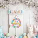 Pink Happy Easter Wreaths for Front Door Peeps Decorations for home Sign Easter Eggs Decor Wooden Wall Decor for Home Office Living Room Bedroom Farmhouse Door Wall Party Supplies 10x10x0.12 inches (Sake)