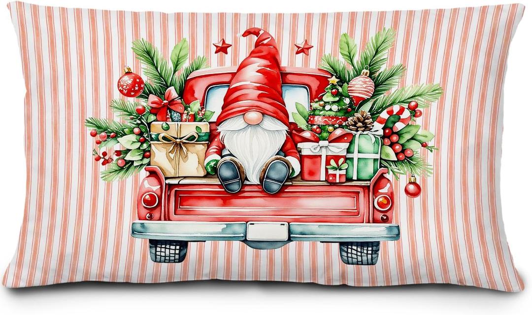 Red Stripes Christmas Gnome Pillow Covers 12x20 Inches,Red Truck Christmas Decor for Bedroom Living Rooms,Vintage Farmhouse Holiday Xmas Lumbar Cushion Covers for Couch Bed