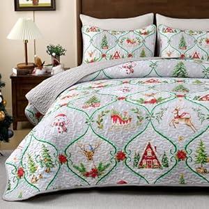 Yinhua 3 Piece Christmas King Quilt, Snowman Xmas Tree Reversible King Size Quilt Set with 2 Pillow Shams, Soft Lightweight Quilts Bedspread Coverlet for Christmas Winter, Grey, 104'' x 90''