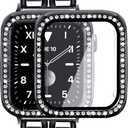 Mosonio Compatible for Apple Watch Band 40mm with Screen Protectors Case Women, Jewelry Bracelet Metal Bands with 2-Pack Bling Case Cover for 40mm iWatch Series SE 6 5 4(Black Link with Black Leather)