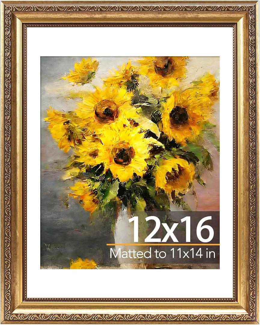 JCJMY 12x16 Vintage Picture Frame with 11x14 Mat, Elegant Retro 12 by 16 Photo Frame with Shatter-Resistant Plexiglass for Wall, Gallery Decor & Gift, Gold, 1 Pack