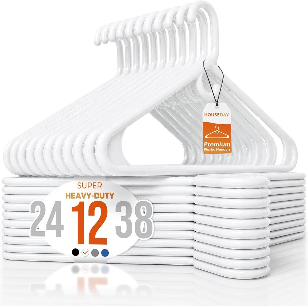 HOUSE DAY Premium Heavy Duty Plastic Hangers 12 Pack - Ultra Thick White Clothes Hangers - 20 lb Capacity - Sturdy Hangers for Coats, Jackets, Suits & Jeans - Closet Organizer for Dorm, Apartment