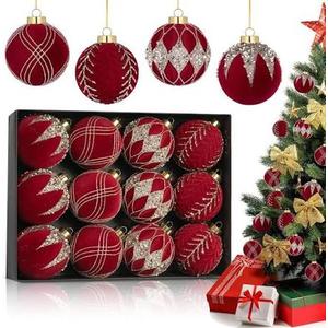 3.15inch Brown Velvet Christmas Ornaments Balls Flocked Christmas Tree Glittering Plastic Balls Xmas Hanging Ornaments  Red