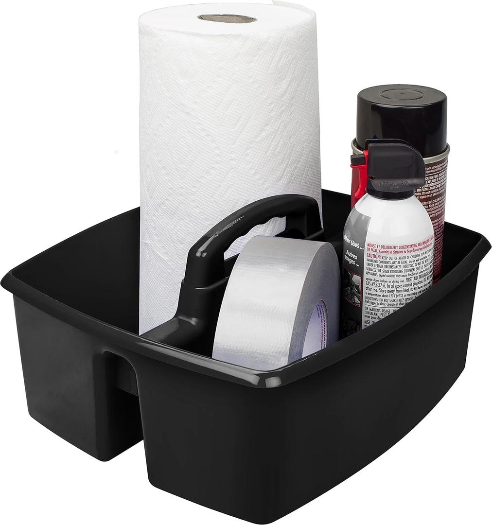 Storex 2-Compartment Large Cleaning Caddy  Multipurpose Supply Organizer with Handle - Black, 1-Pack (00973A06C)