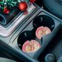 Christmas 2 Pack Car Coasters for Cup Holders Christmas Santa Claus White Pink Strips Absorbent Ceramic Stone for Auto Drinks Coasters Removal Car Cup Holder Coaster with A Finger Notch (Set of 2)