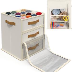 Temlum Yarn Storage Organizer with 3 Stackable Trays, Large Yarn Storage Container with Adjustable Dividers Crochet Storage for Yarns, Crochet Hooks, Knitting Needles, Crochet Accessories