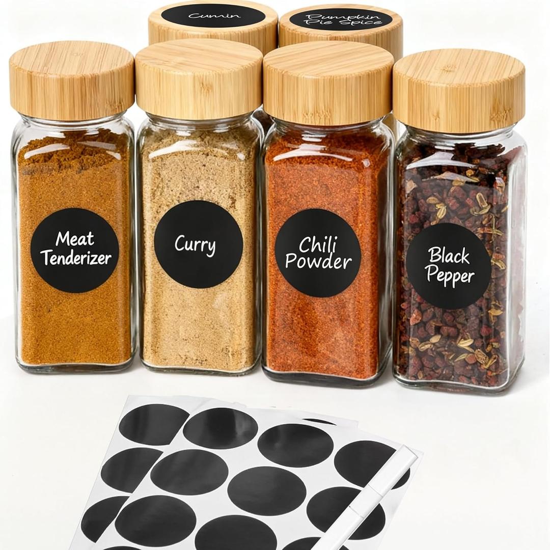 6Pcs Spice Jars with Label, 4oz Empty Square Seasoning Containers, Spice Jars with Shaker Lids, Small Spice Bottles for Salt, Herbs, Sugar, Pepper, Seasoning Jars for Spice Rack, Cabinet, or Drawer (Bamboo)