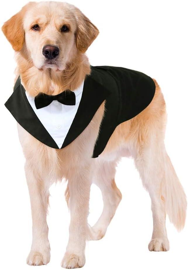 Kuoser Dog Tuxedo Suit and Bandana Set, Formal Wedding Attire for Large and Medium Dogs - Golden Retriever, Samo Bulldogs (Black)