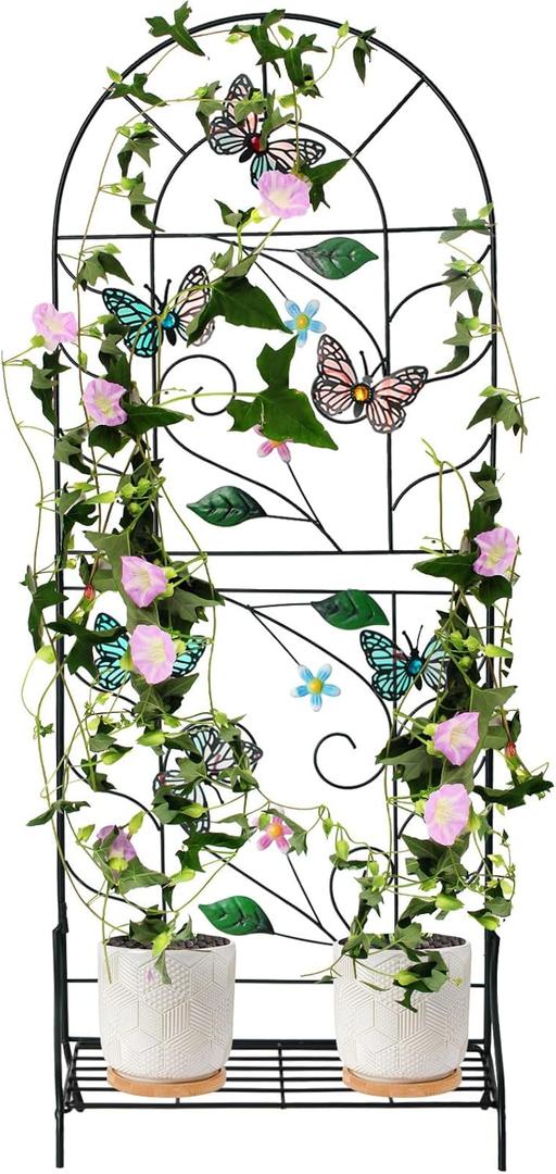 Trellis for Climbing Plants Outdoor-Metal Plant Shelf Indoor - Colorful Butterfly Climbing Plant with Flower Shelf for Indoor,Patio, Lawn, Yard, Backyard, Wall Brackets (Black)