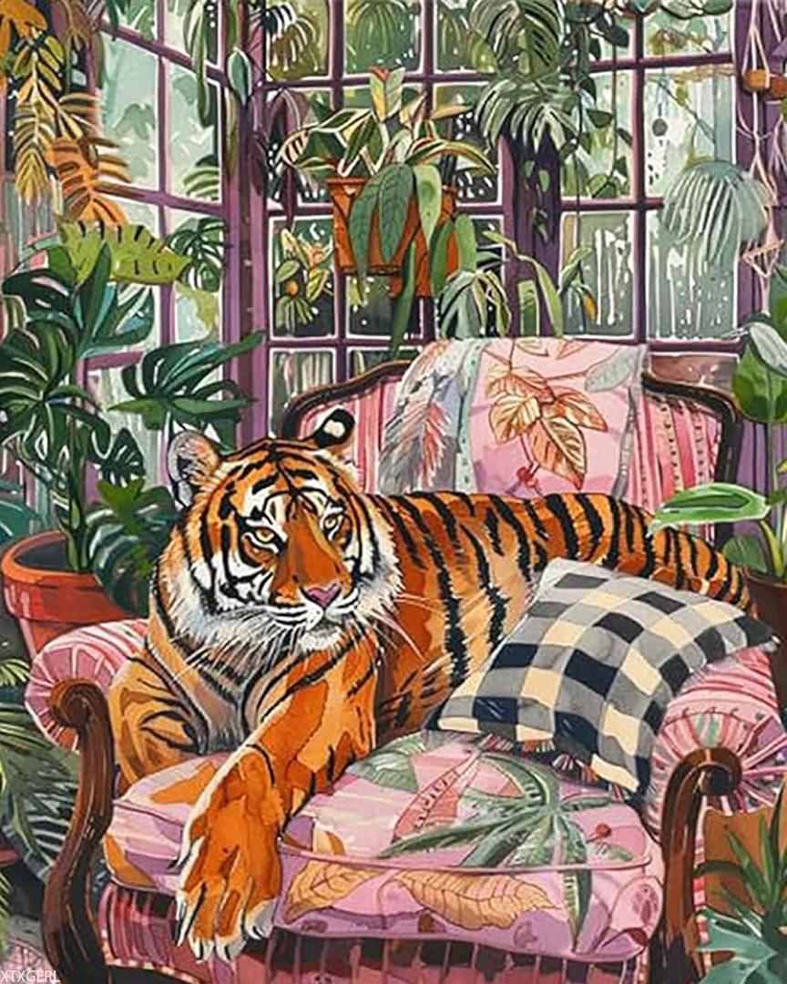 Tiger Lounging on Armchair Paint by Number Cute Animal Retro Painting DIY Painting on Canvas with Brushes Acrylic Paints Paint by Numbers for Adults and Beginner DIY Kit, 16x20 Inch (without Frame)