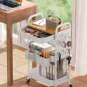 ALVOROG Rolling Cart with Drawer and Wood Table Top, 3 Tier Metal Rolling Utility Cart on Wheels with DIY Pegboards, Hanging Baskets, Hooks for Kitchen, Bedroom, Office, Craft Supplies