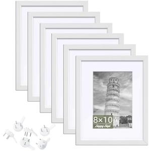 HappyHapi 8x10 Picture Frame Set of 6, 8x10 White Picture Frame Display Pictures 5x7 with Mat or 8x10 Without Mat. Wall Hanging Photo Frame or Tabletop Display Gallery Frame (White)