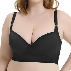 Women's Push Up Bra, Hide Back Fat Deep Cup Bra, Black Full-Coverage Underwire Bra, Smoothing T-Shirt Bra (38/85C)