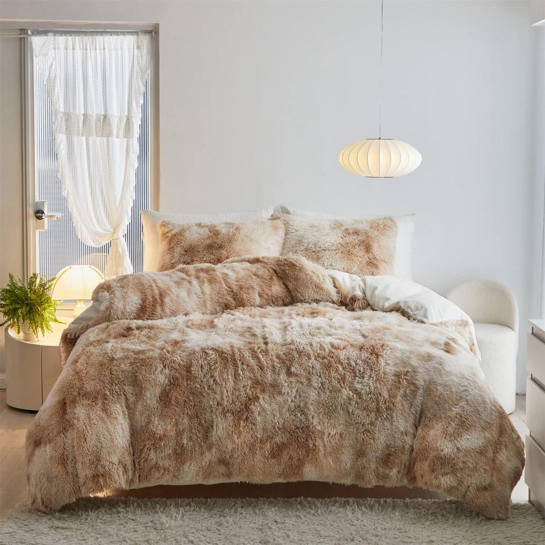 Shaggy Plush Duvet Cover Set Super Soft Fluffy Faux Fur Comforter Cover Set Luxury Fuzzy Bedding Set 3 Piece(1Duvet Cover+2Pillowcases) with Zipper Clusure(Camel White Ombre,Full Size)