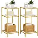 Homhedy 3-Tier Side Tables Set of 2, End Tables with Tempered Glass, Nightstands with Storage Shelves, Slim Sofa Tables for Living Room, Bedroom (2, Golden)