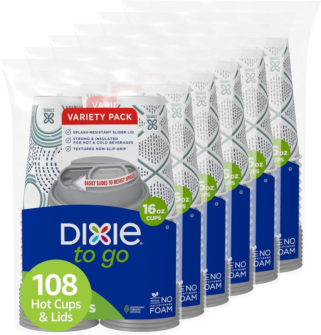 Dixie To Go Paper Coffee Cups With Lids, 16 oz, 108 Count (6 packs of 18 cups), Disposable Insulated Paper Cups for On-The-Go Hot or Cold Beverages