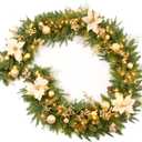 9Ft Christmas Garland Prelit with Gold Berries and Balls,Flower and 50 Lights Plug in,Holiday Decoration Fireplace Stairs Mantle Door Indoor Outdoor