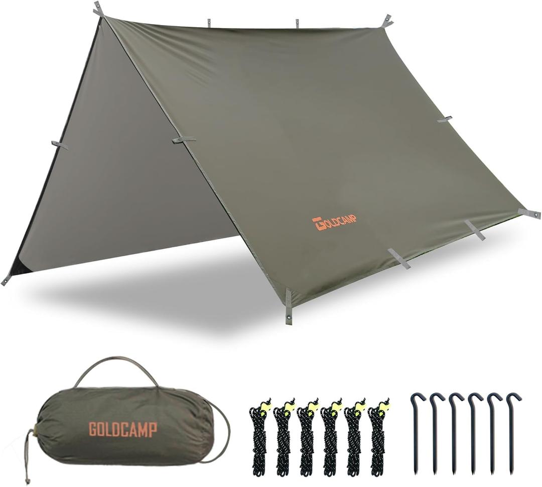 GOLDCAMP Waterproof Camping Tarp70D Nylon 10X10FT Hammock Rain Fly UV 50+ and PU15000mm Tent Tarp Shelter CanopyHeavy Duty Multifunctional Sun Shade or Rain Fly Essentials for Hiking Backpacking