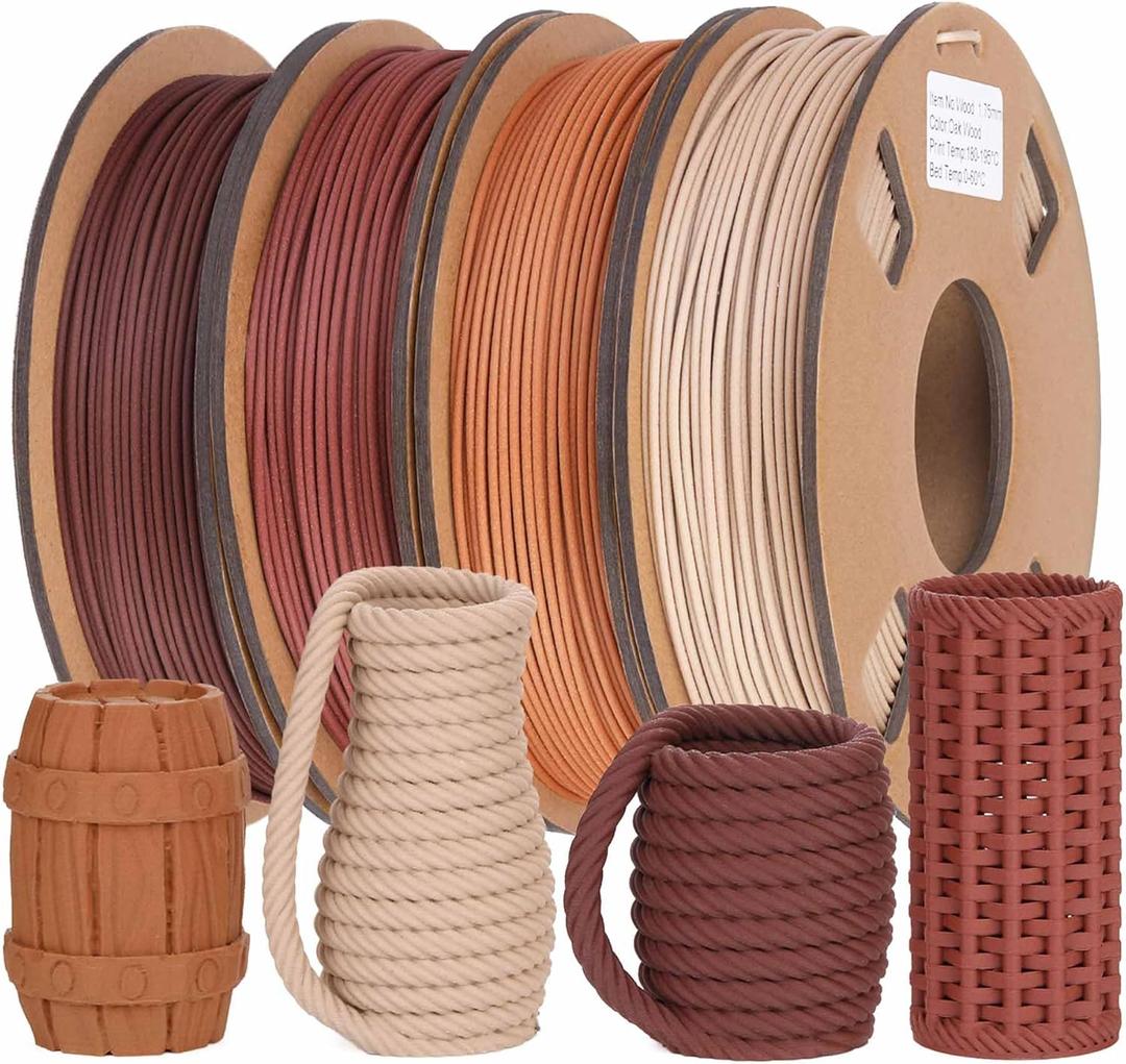 30% Real Wood Fiber 3D Printer Filament Bundle, 3 D PLA Printing Print Filament 1.75 mm, +/-0.03mm & 2.2 lbs, Walnut, Oak, Cherry, Teak, 250g X 4 Pack