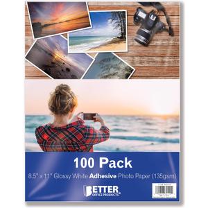 Better Office Products Self-Adhesive Photo Paper, Sticky Photo Paper, Glossy, 8.5 x 11 Inch, 100 Sheets, 135 gsm, Letter Size, 100 Count Pack
