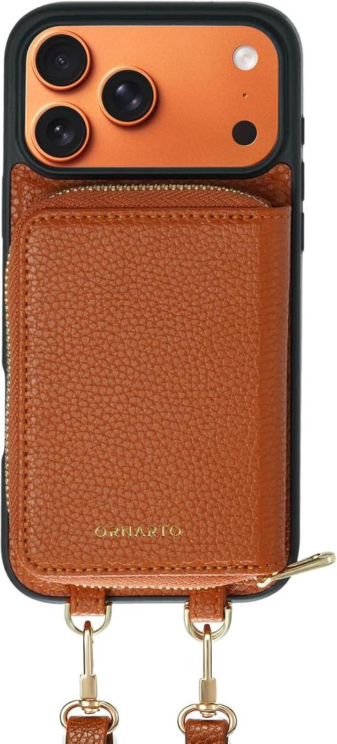 ORNARTO Magnetic Detachable Wallet Case for iPhone 17 Pro Max, [Compatible with MagSafe], Crossbody Wallet Case with Card Holder Wrist Strap, RFID Blocking PU Leather Wallet Phone Cover 6.9", Brown