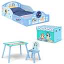 Delta Children - Bluey 4-Piece Toddler Room-in-a-Box Set  Includes Sleep and Play Toddler Bed, Table, 1 Chair and Fabric Toy Box, Blue