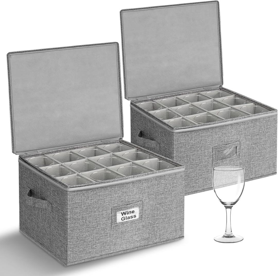 Punemi Wine Glass Storage Box, Glassware Storage Containers w/Hard Shell Side Bottom Support & Padded Dividers, Stackable Stemware Storage Case for 24 China Crystal Glasses Drinkware, Moving Supplies