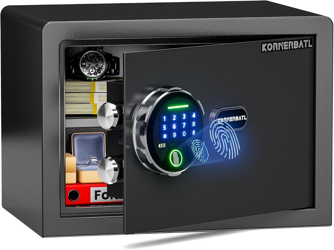 KornerBatl Smart Biometric Safe with Fingerprint Lock (9.84"D x 13.78"W x 9.84"H), Small Safe Box with Silent Mode & Backlit Keypad & LED Light,