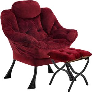 Lazy Chair with Folding Ottoman,Leisure Sofa Chair,Soft Fabric Armchair with Armrests and Side Pockets, Reading Chair with Footrest for Living Room, Bedroom, Office (Plush Red), 33.5 x 22.8 x 38.6 