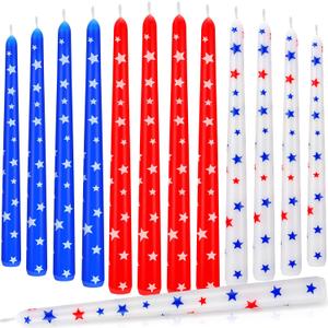 12 Pcs Independence Day Dripless Taper Candles 10 Inch Tall Unscented Candle Sticks White Red Blue Candle Set Independence Day Gifts Holiday Decor for Dinner, 4th of July Party, Anniversary