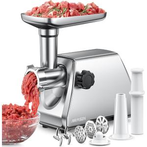 AIRMSEN Electric Meat Grinder & Mincer  Heavy Duty Professional Stainless Steel Sausage Maker & Stuffer with 3 Plates, 2 Stainless Blades & Kubbe Kit  Fast, Quiet, Easy to Clean for Home Kitchen Use (Standard)