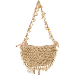 Women's Straw Woven Clutch Purse Summer Beach Pearl Conch Starfish Vocation Bag (Shell Shape)