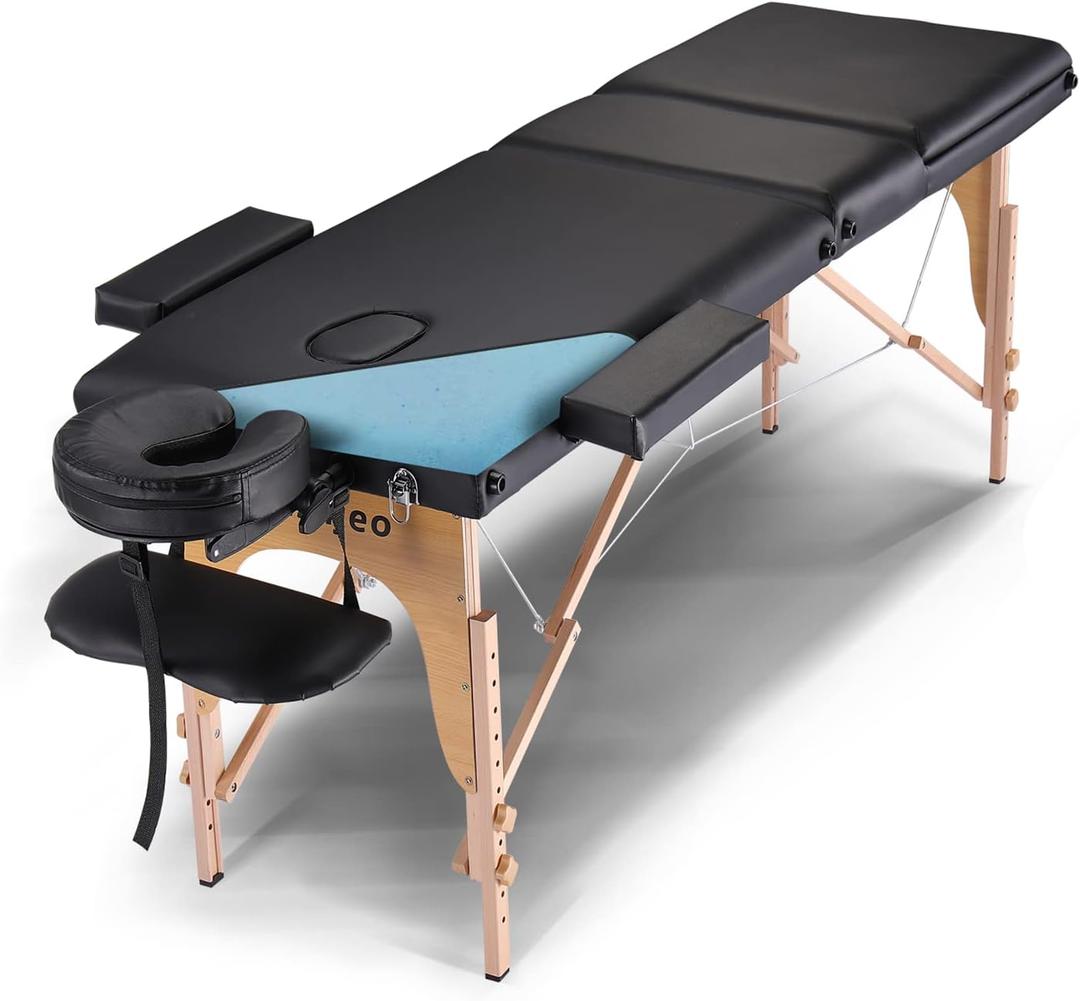 Portable Massage Table Massage Bed Professional SPA Reiki Eyelash Salon Bed, Wooden Frame Height Adjustment & Accessories, Black (3-Section), Onesize