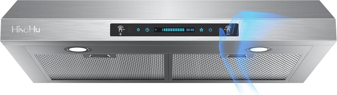 HisoHu 30 Inch Under Ducted Cabinet Range Hood with 1200 CFM, 4 Speed Gesture Sensing Kitchen Exhaust Hood & Touch Control Panel, Stainless Steel Stove Vent Hood with 2 LED Lights