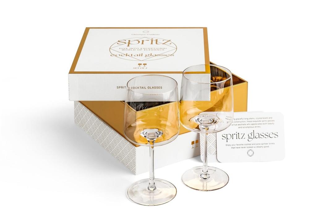 GLASSIQUE CADEAU Crystal Aperol Spritz Cocktail Glasses | Set of 2 | 15 oz Long Stemmed Goblets for Drinking Limoncello, Campari and Hugo Spritz | Elegant Glassware for Spritzer Drinks