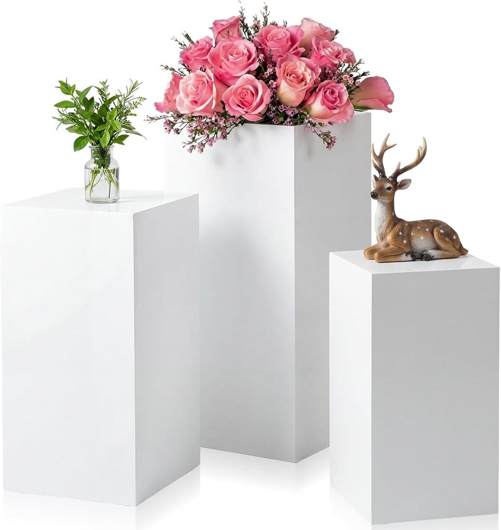 Zonon 3 Pcs Square Pedestal Stands for Party, Metal Display Stands Pillars for Wedding Bridal Ceremony Baby Shower Birthday Party Decorations, 29.5*13.4''(L), 23.6*11.8''(M), 19.7*10.2''(S)(White)