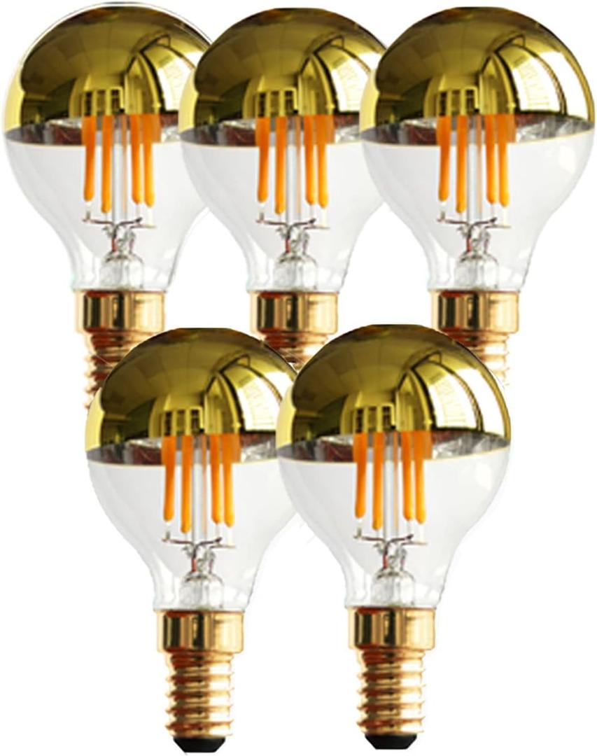 G14(G45) Half Chrome Light Dimmable 4W(40W Equivalent) E12 LED Candelabra Bulbs Warm White 2700K 400Lm Filament Vintage Bulb with Golden Mirror Decorative Edison Globe Bulb for Indoors(5 Pack)