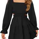 Haloumoning Girls Dresses Long Sleeve Square Neck Crossover Waist Casual A-Line Spring Fall Dress 5-14Y (S)