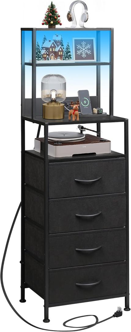 WLIVE Tall Nightstand with Charging Station, LED Night Stand with 4 Drawers and Storage Open Shelves, Fabric Dresser for Bedroom, Office, Black, 1 Piece