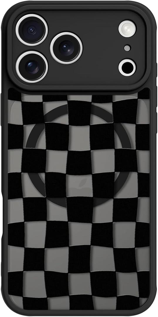Magnetic for iPhone 17 Pro Max Case Cute Checkered Checkerboard Phone Case for Women Men Compatible with MagSafe, Matte Shockproof Protective Cover for iPhone 17 Pro Max 6.9", Black Checkered