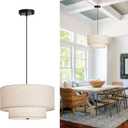 18" Modern Double Drum Fabric Pendant Light, Large Hanging Ceiling Chandelier Fixture with Dual Layer Fabric Shade, Ideal for Dining Room, Living Room, Bedroom, and Kitchen (Taupe)