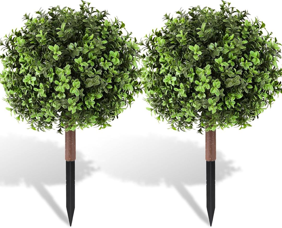 Pertivery 2 Pack Artificial Boxwood Topiary Ball Plants,23.6Inch UV Resistant Artificial Boxwood Ball Bush,with Ground Spikes,Indoor Outdoor Potted Plants for Porch, Garden, Front Door Decor