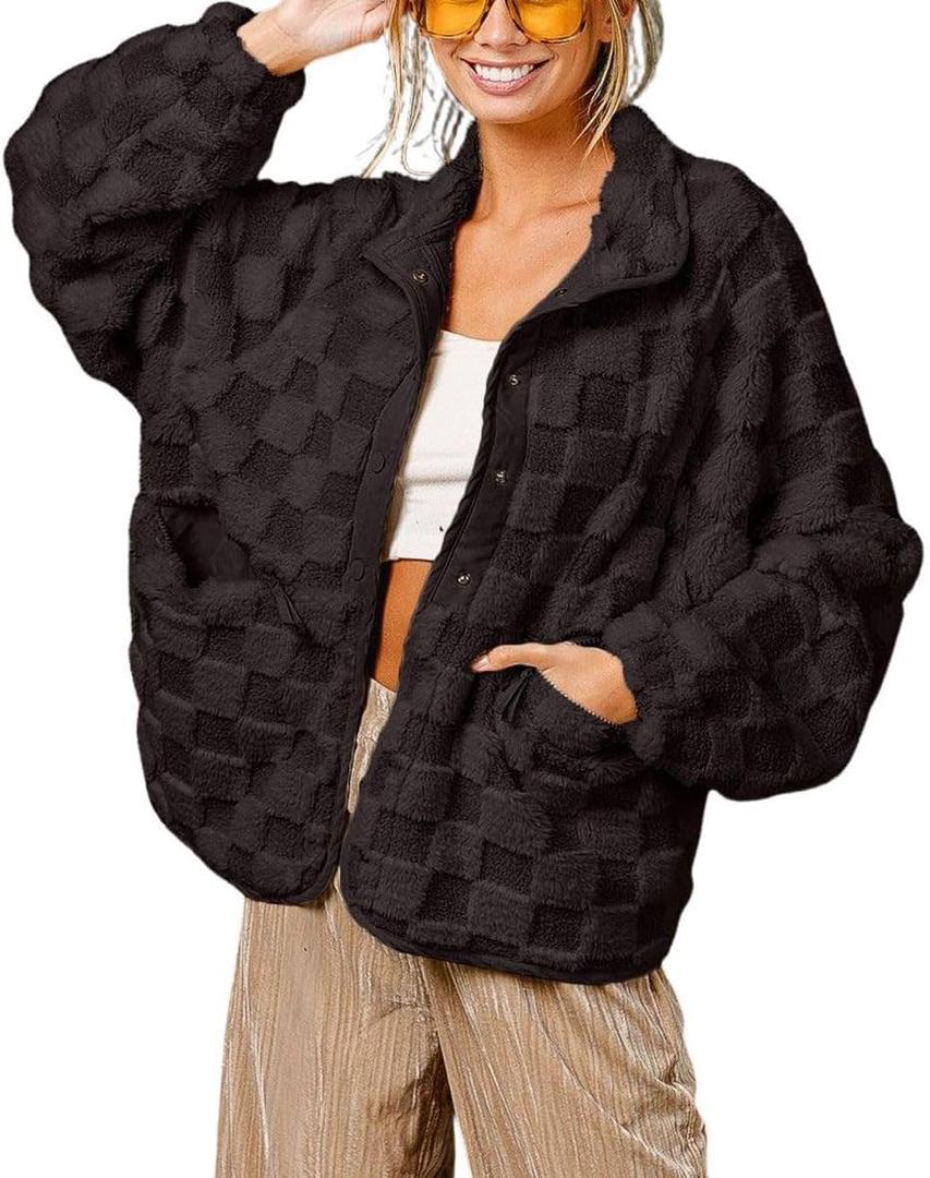chouyatou Women Winter Casual Checkered Fleece Jacket Fuzzy Oversized Sherpa Jacket Shacket Faux Fur Coat (Large, Black)