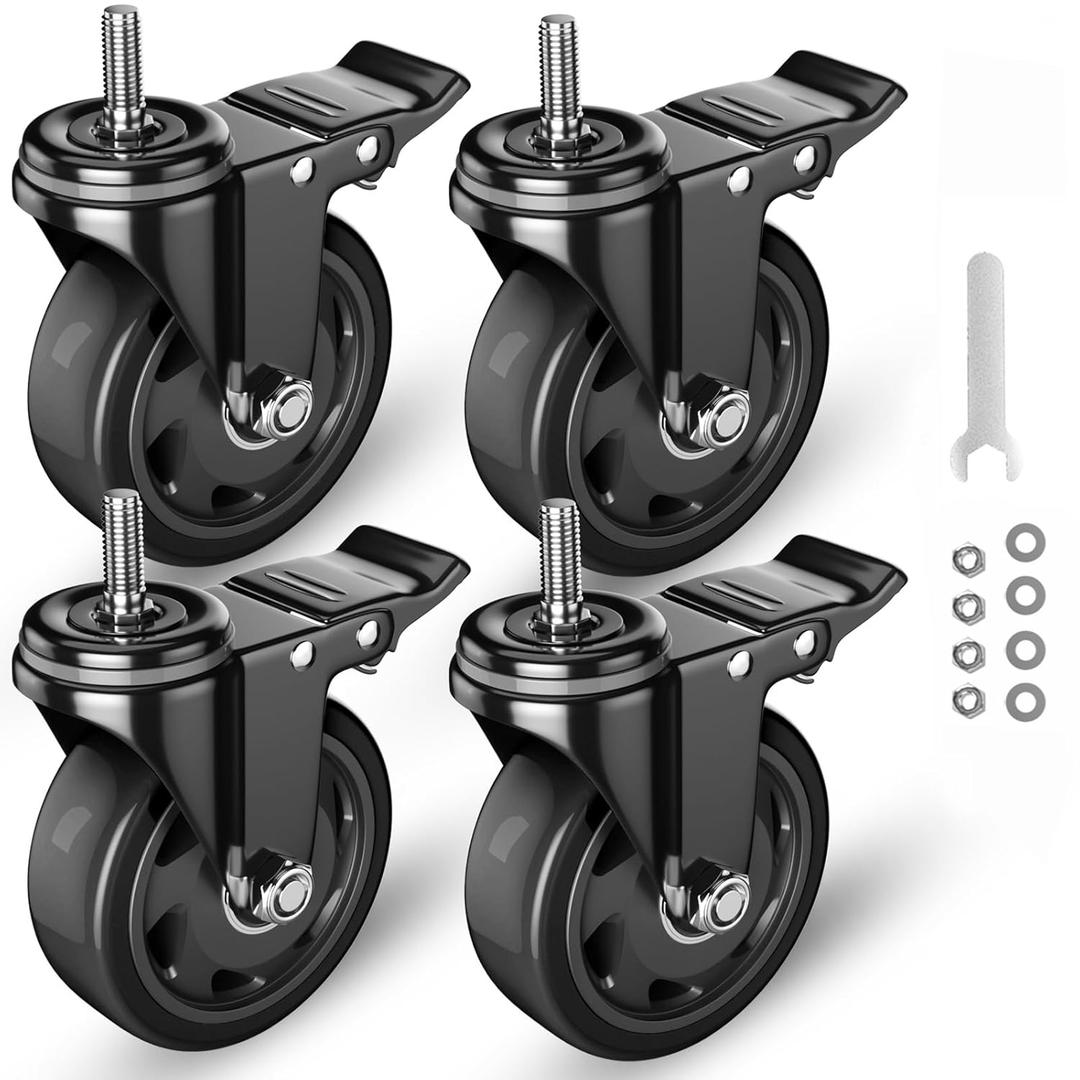 Stem Caster Wheels 3 Inch, Threaded Stem Casters Heavy Duty Casters Set of 4, Swivel Casters with Stem UNC 3/8"-16 x 1 Industrial Castors with Safety Dual Locking Wheel for Furniture and Cart