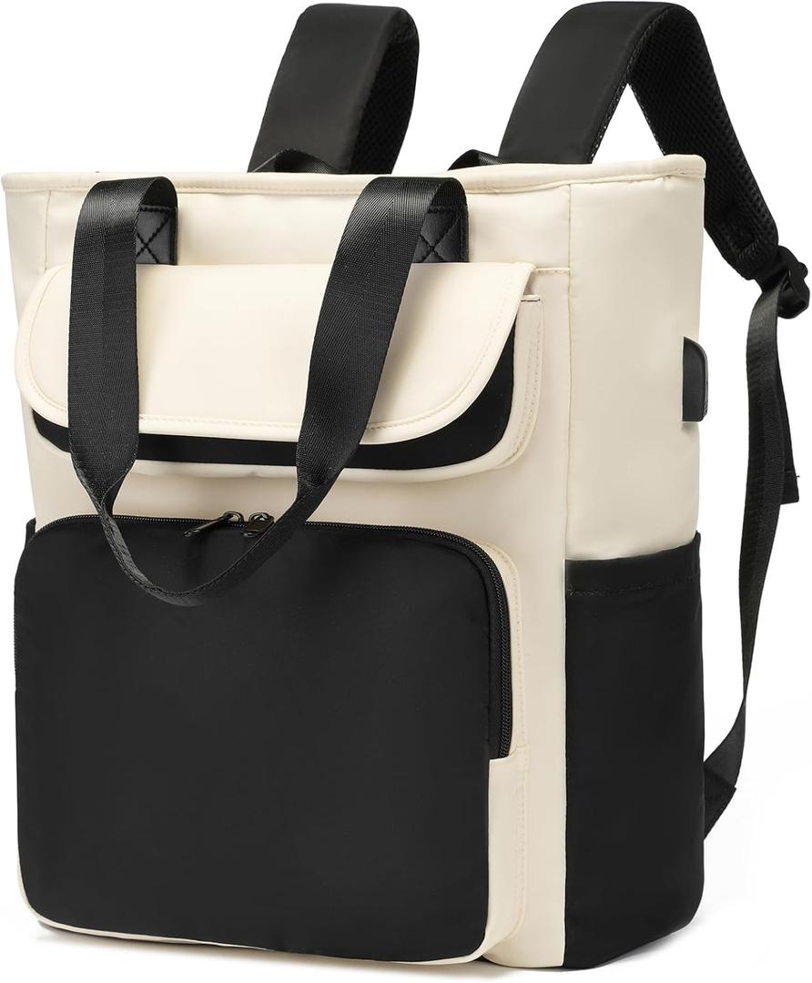 Laptop Backpack Womens Convertible Daypack Work Travel Backpack Computer Bookbag with USB Charging Port Fits 15.6 Inch Notebook (Beige Black)