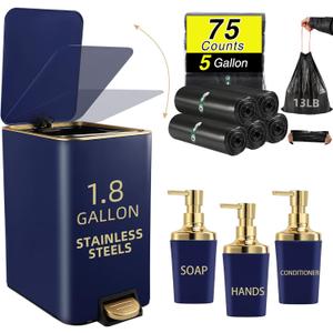 Small Bathroom Trash Can with Lid Soft Close, 1.8 Gallon Stainless Steel Garbage Can with Removable Inner Bucket,3PCS Soap Dispenser,75Count Trash Bag, Slim Step Pedal Trash Bins (Navy Blue)
