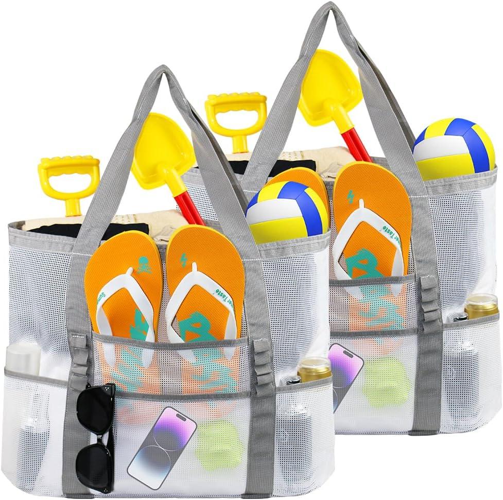 AMJ Large Beach Bag Girls Women Pool Swim Tote Bags with 7 Pockets and 1 inner Zipper Closure Pockets, 2Pcs (White)