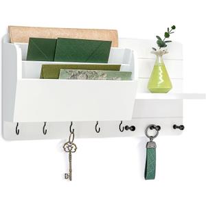 Rebee Vision Pine Wood Modern Key Holder Wall Mount for Home Decor - Mail Holder Wall Mounted with Shelf, Hooks & Mail Slot for Hanging - Rustic File Organizer for Living Room, Entryway (White)
