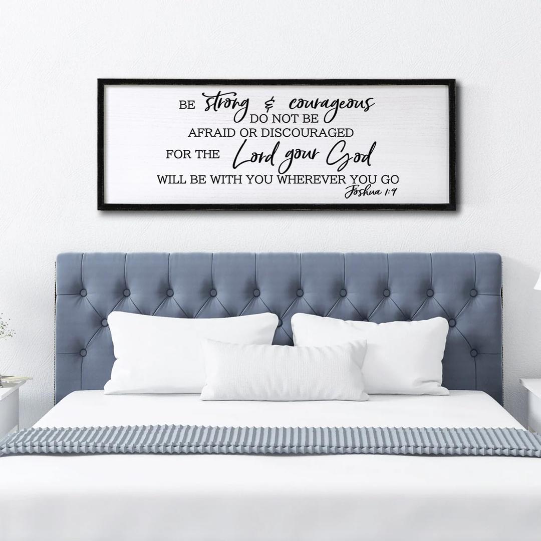 Foutcheou Be Strong And Courageous Wall Art, 40"15" Rustic Religious Inspirational Quotes christian signs for home decor, Large Farmhouse framed Joshua 1:9 Bible Verse Sign for Living Room Bedroom (Black)